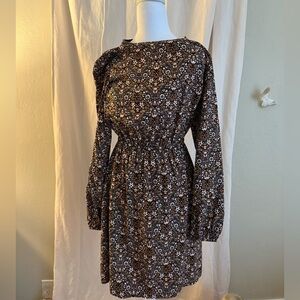 Boden Elegant Black and Brown Floral Long Sleeve Dress